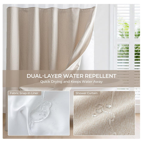River Dream farmhouse-style curtain complements a rustic bathroom look.