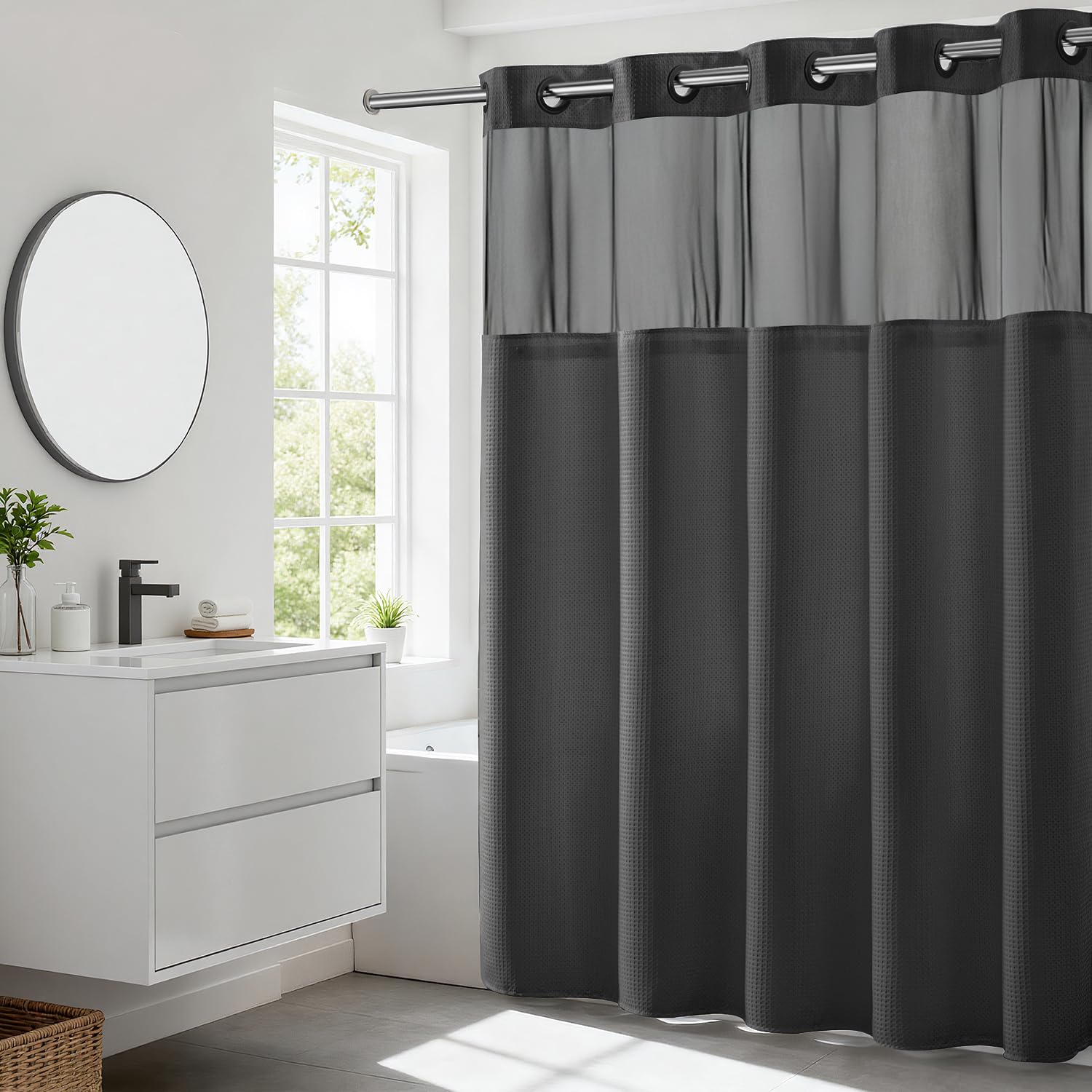 River Dream heavy-weight dotted waffle shower curtain in graphite grey with refined texture.