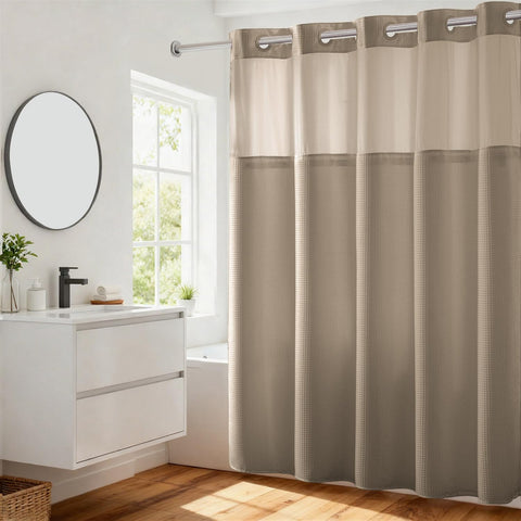 River Dream shower curtain close-up shows dotted waffle weave texture and premium fabric.