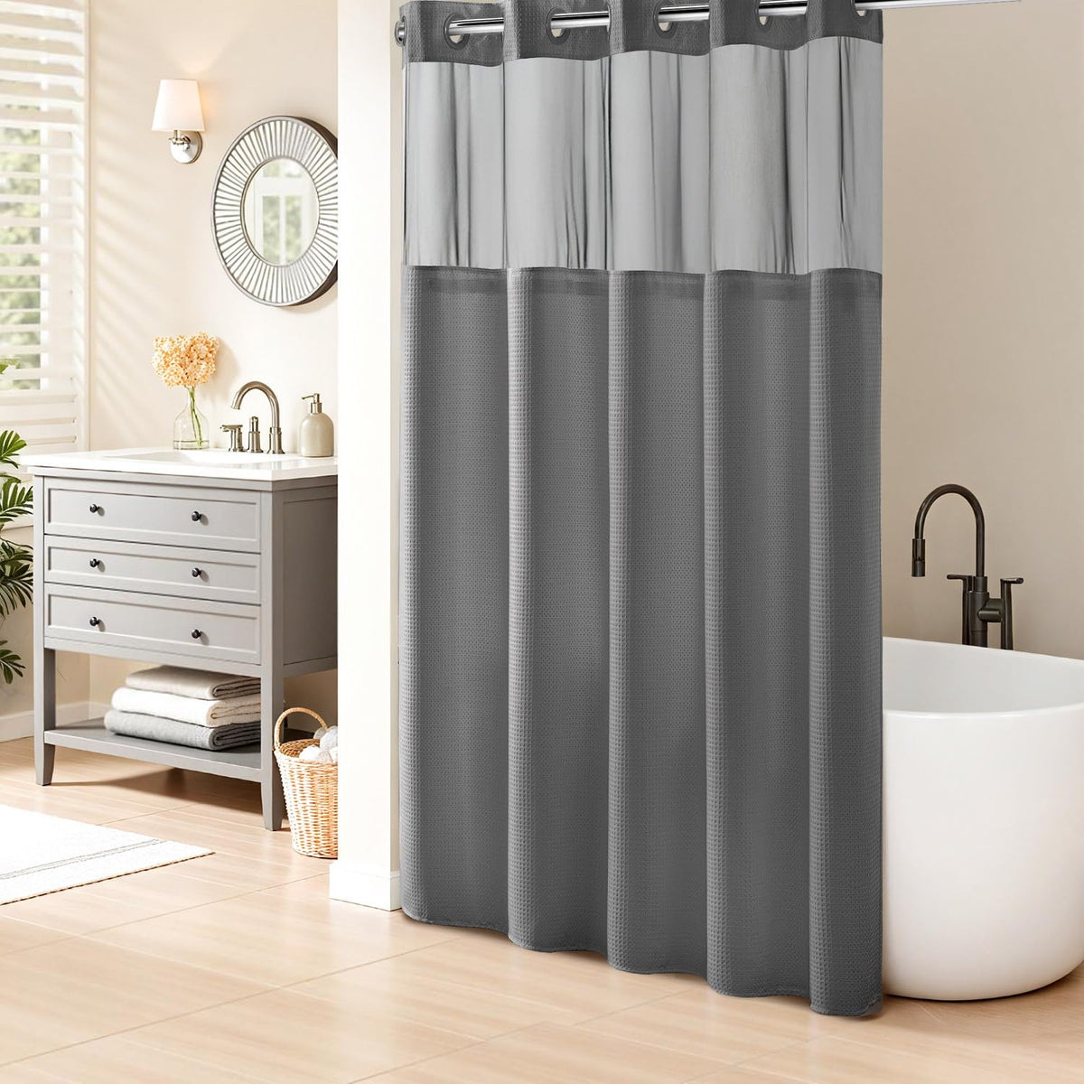 River Dream heavyweight grey curtain with split rings for easy hanging