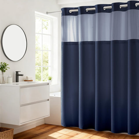 River Dream heavyweight navy curtain with split rings for easy hanging.