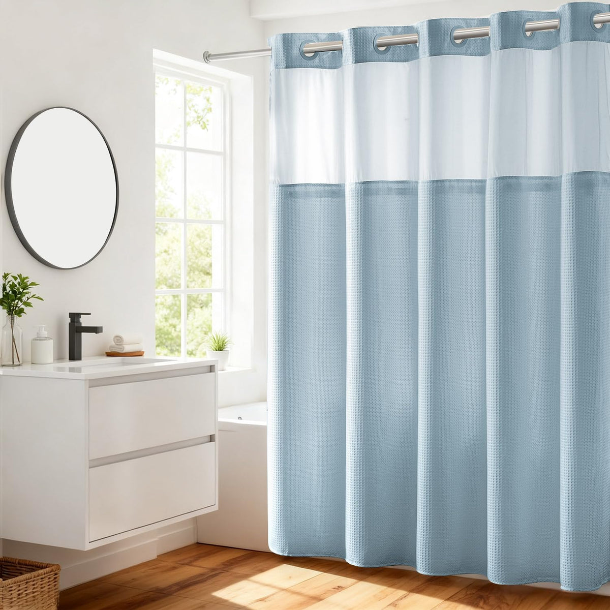 River Dream heavyweight shower curtain with dotted waffle weave for a secure, stylish bathroom.