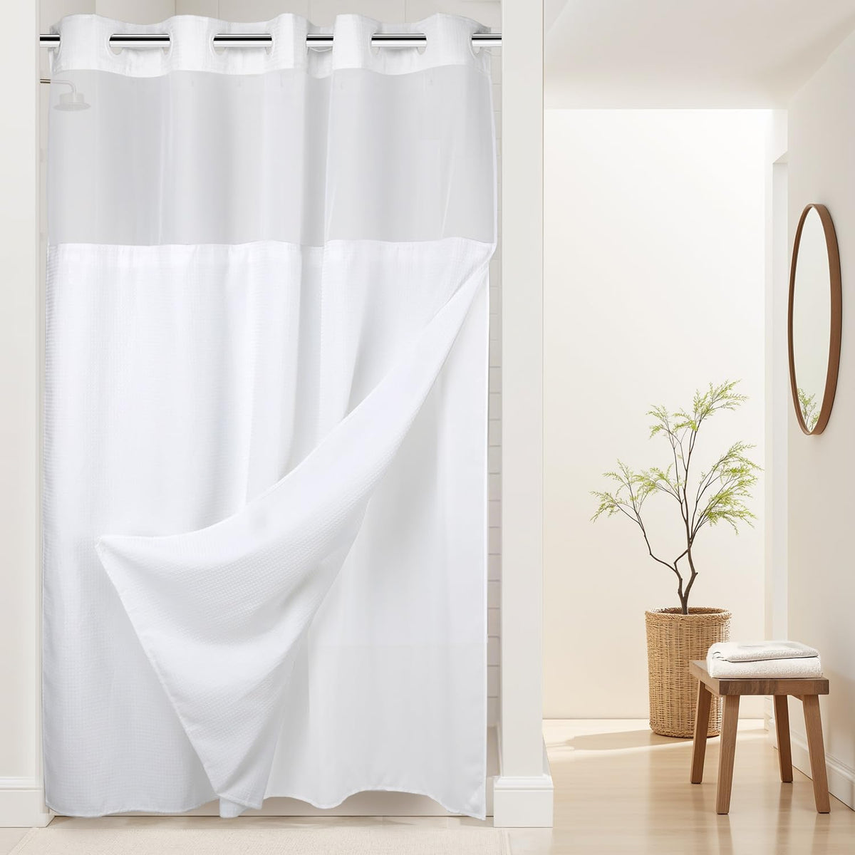River Dream heavyweight shower curtain with dotted waffle weave for durable privacy.