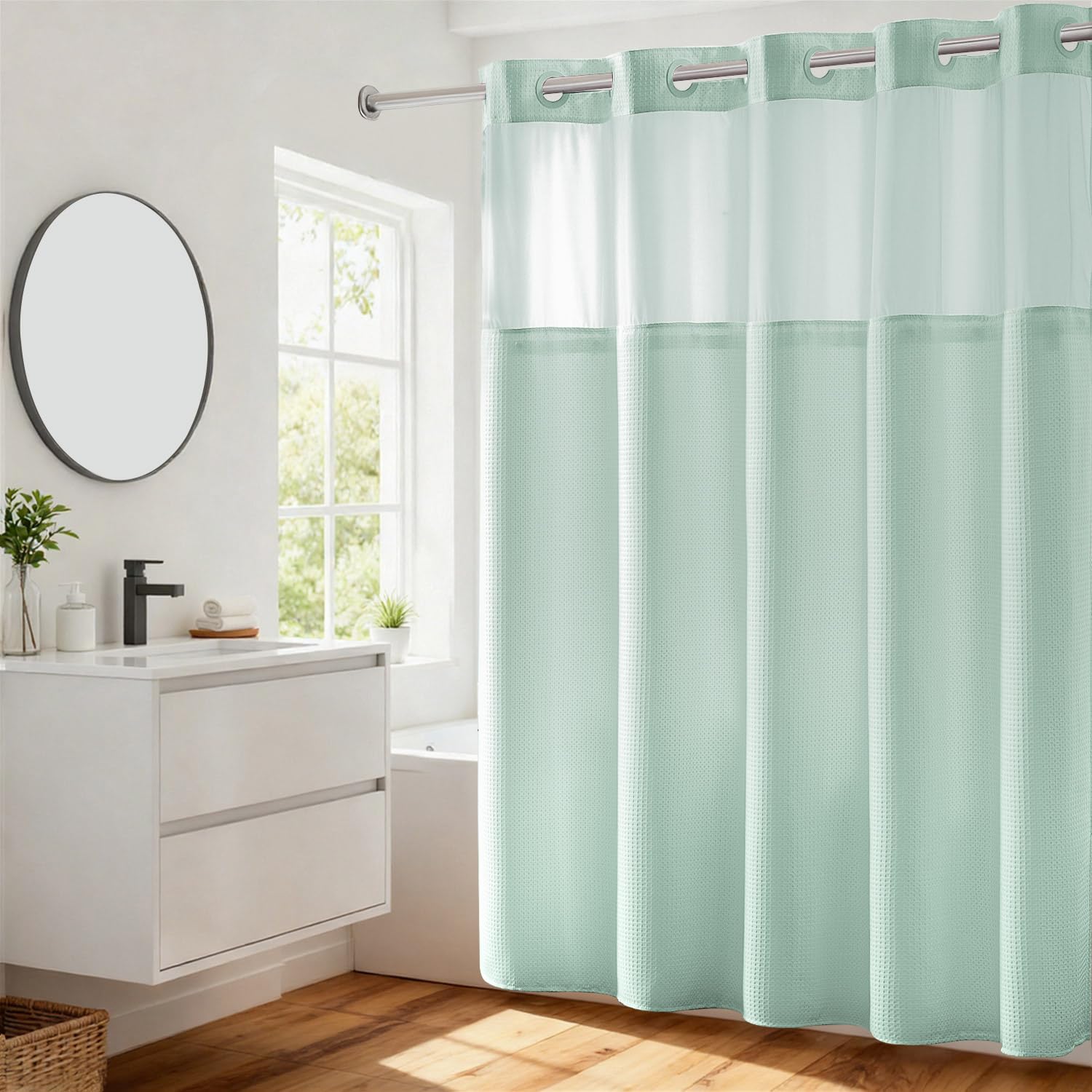 River Dream heavyweight shower curtain in Misty Blue features dotted waffle weave for privacy.