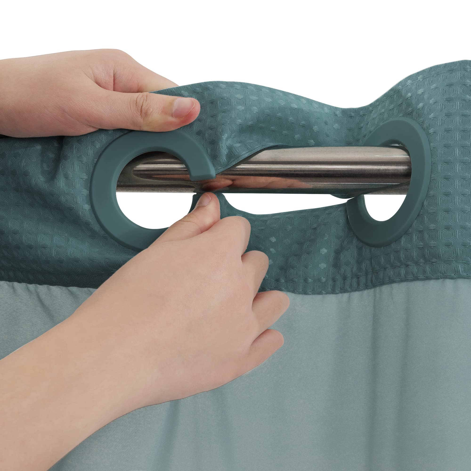 River Dream heavyweight shower curtain provides stable drape with hotel-grade build.