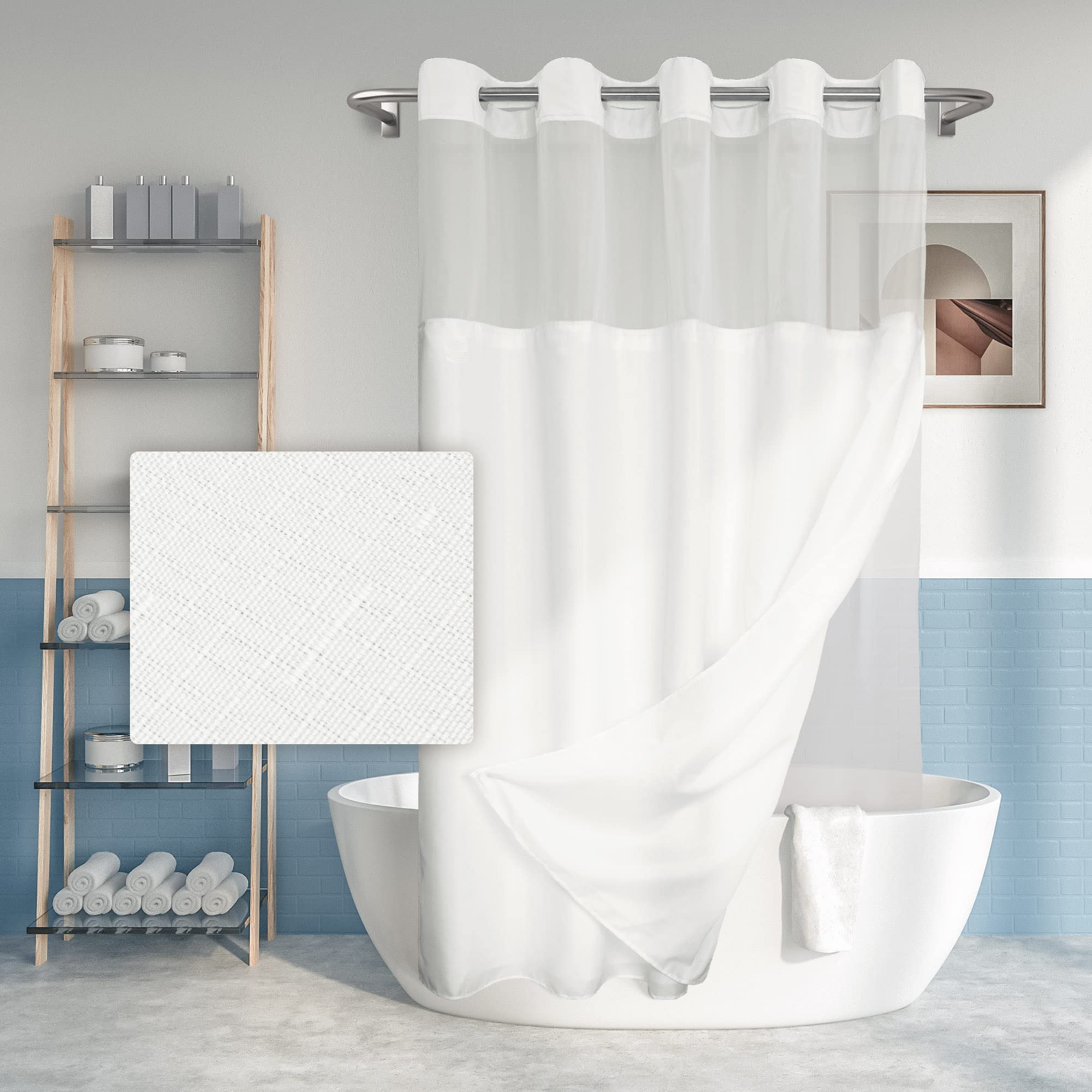 River Dream long no-hook shower curtain with textured fabric for easy, hook-free installation