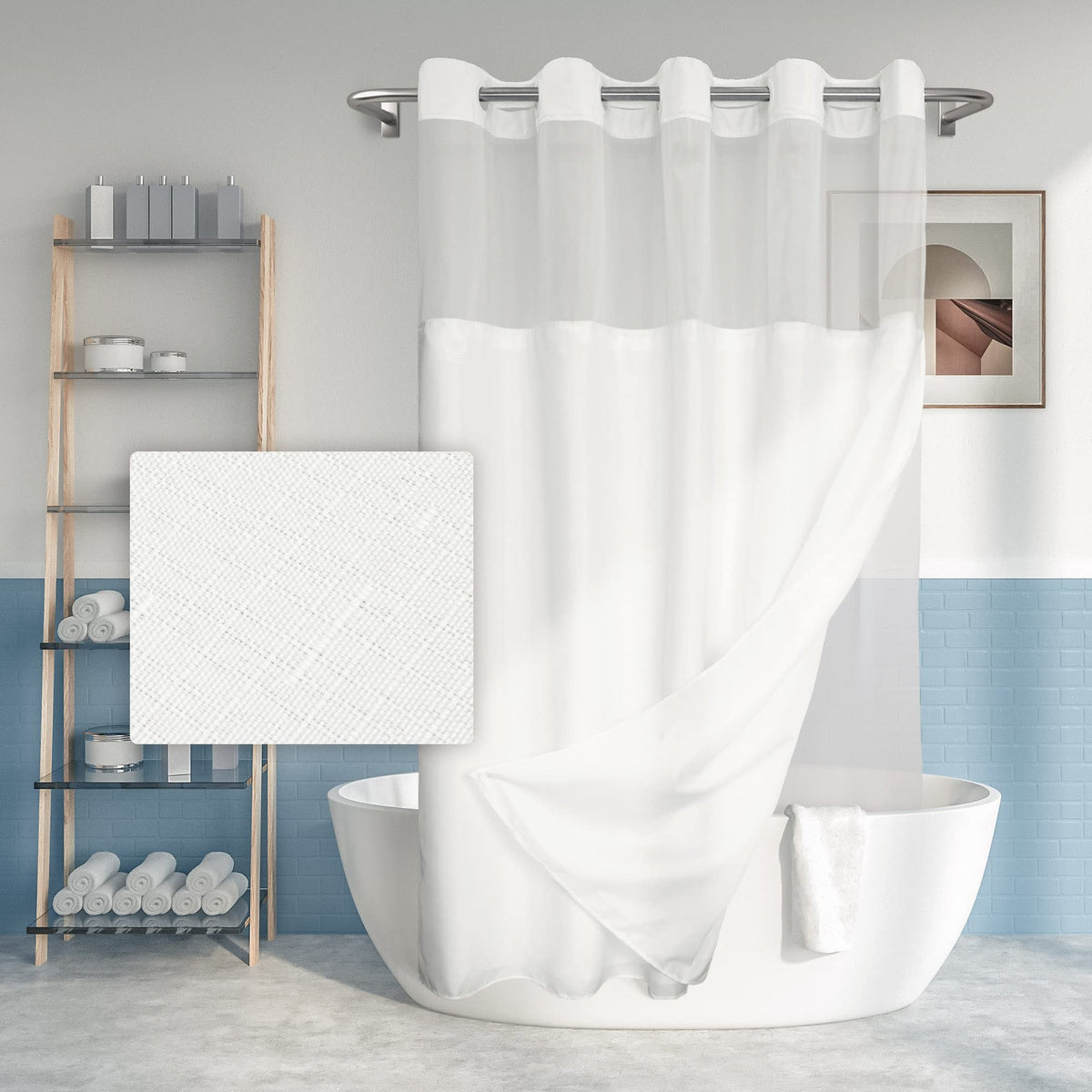 River Dream long no-hook shower curtain with textured fabric for easy, hook-free installation