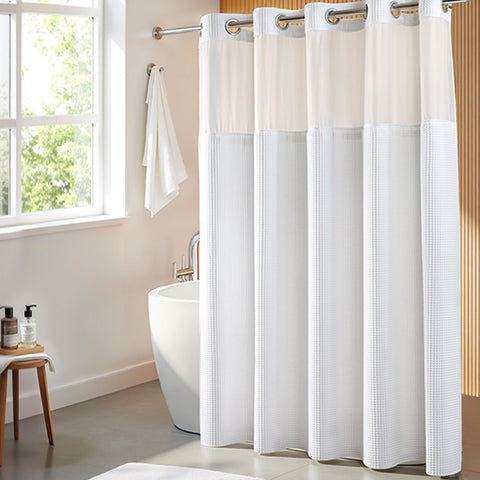 River Dream modern white curtain adds a clean, spa-like touch.