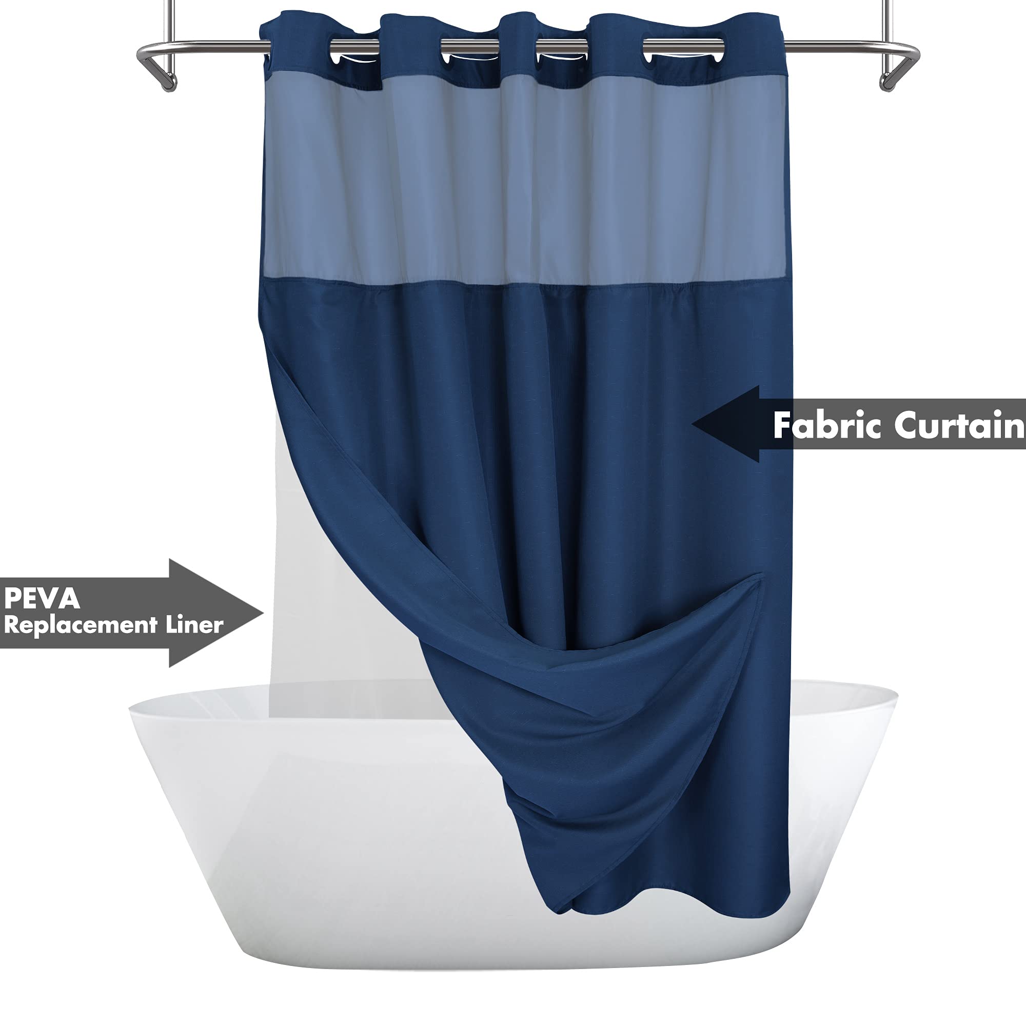 River Dream navy blue curtain fabric showing durable hotel-style quality
