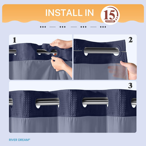 River Dream navy curtain shows clear top window for light and privacy.