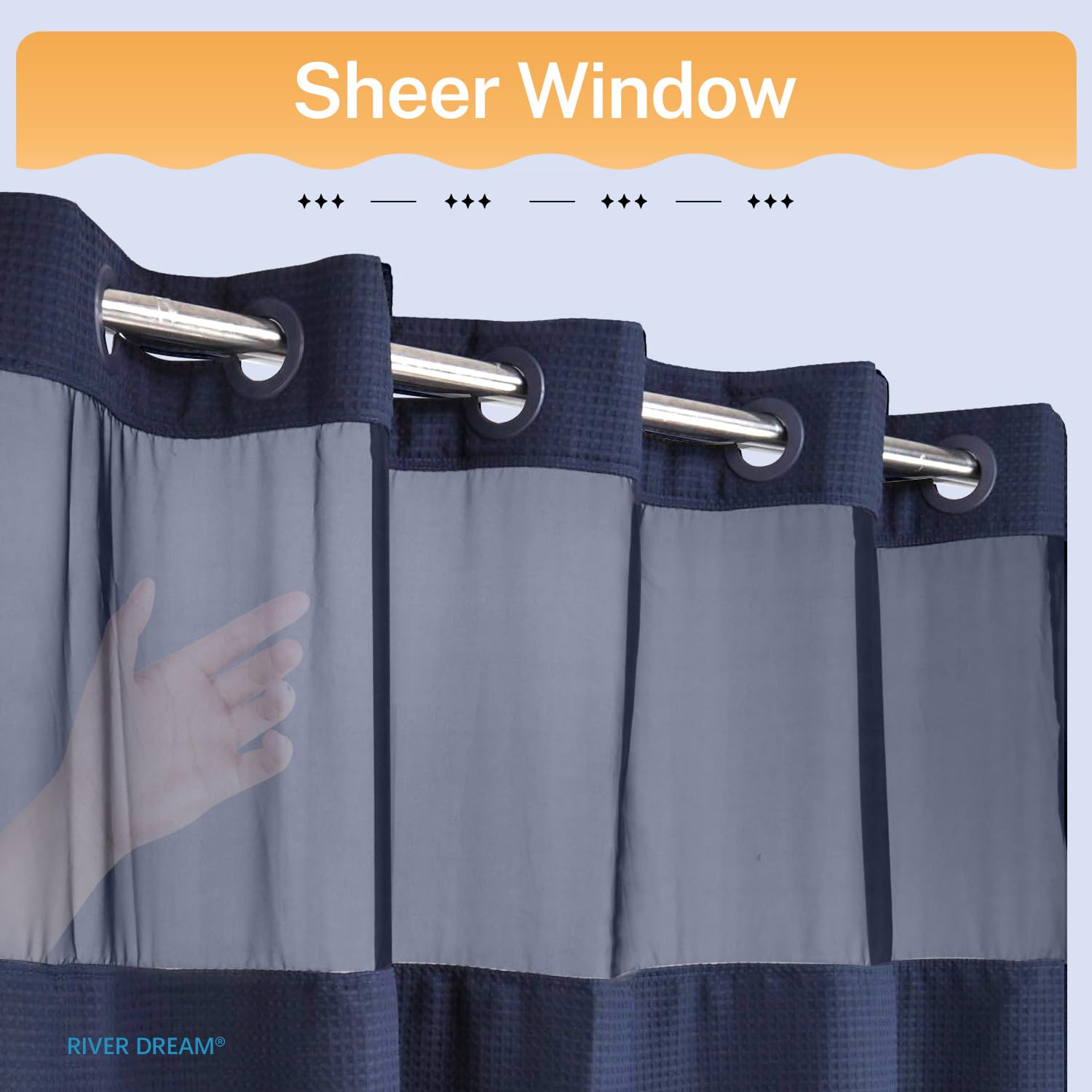 River Dream navy curtain fabric with water-repellent finish for moisture control.