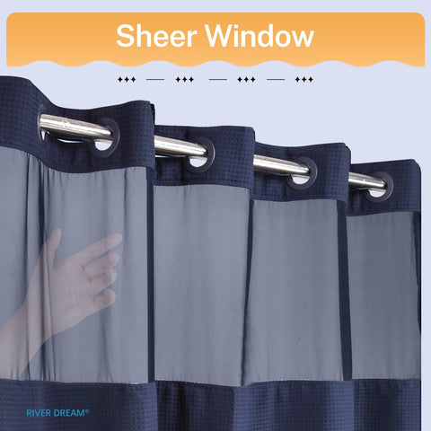River Dream navy curtain fabric with water-repellent finish for moisture control.