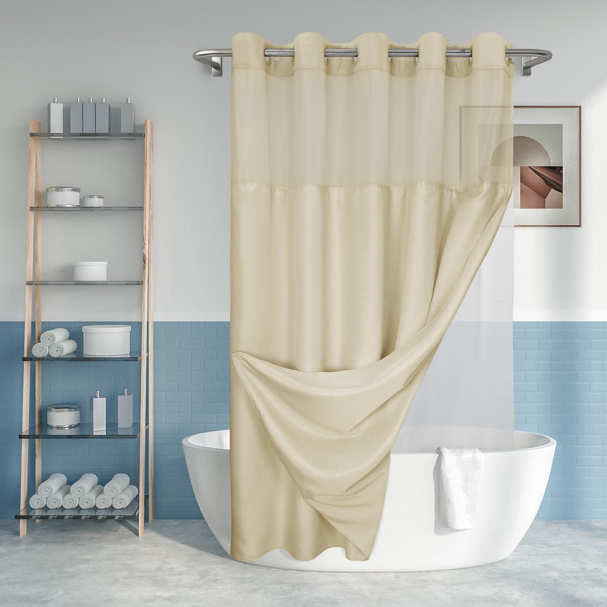River Dream no-hook slub textured curtain with top window for natural light and privacy.