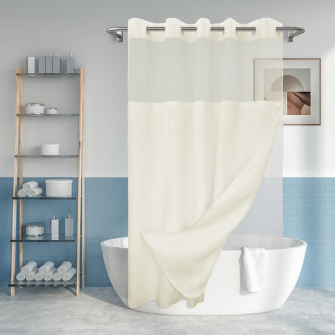 River Dream No Hook shower curtain close-up reveals slub texture for premium bath