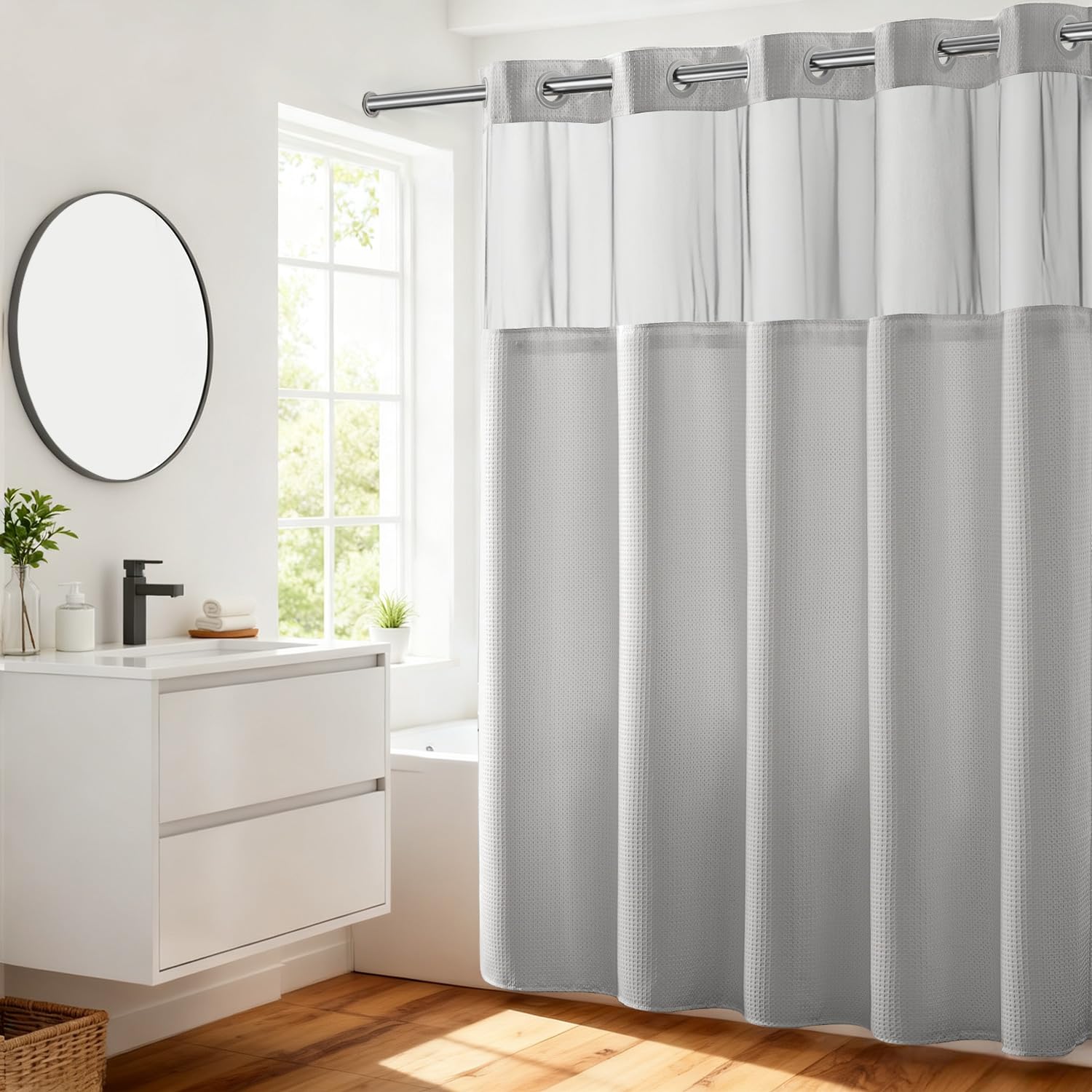 River Dream no-hooks dotted shower curtain with quick, tool-free installation.
