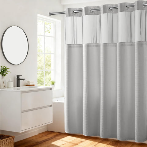 River Dream no-hooks dotted shower curtain with quick, tool-free installation.