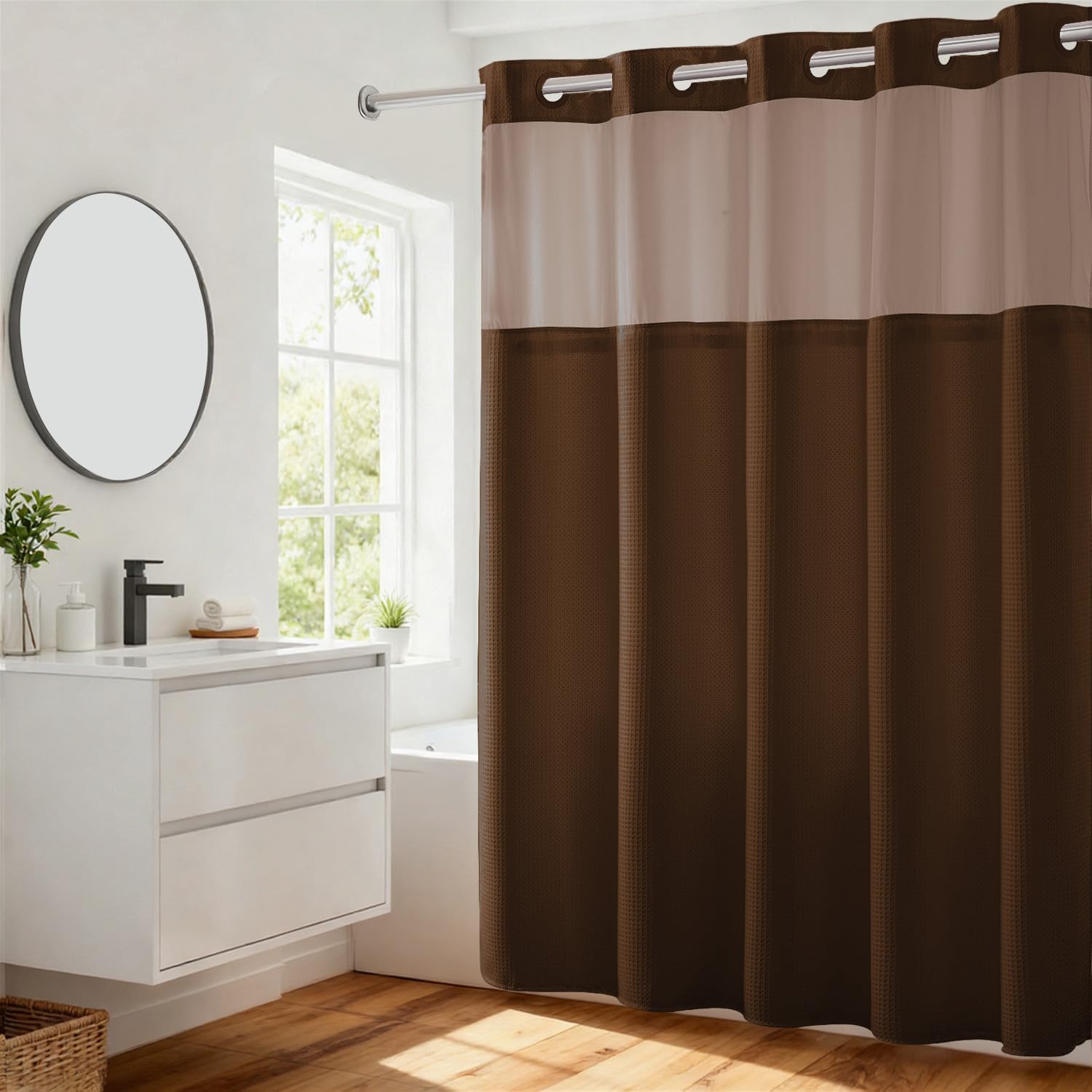 River Dream no-hooks-required dotted brown shower curtain for effortless setup