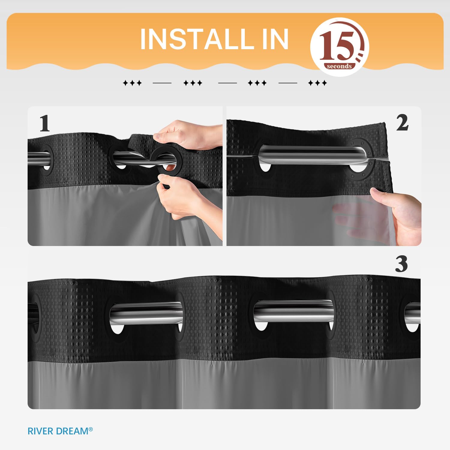 River Dream curtain with split rings for easy hanging without hooks