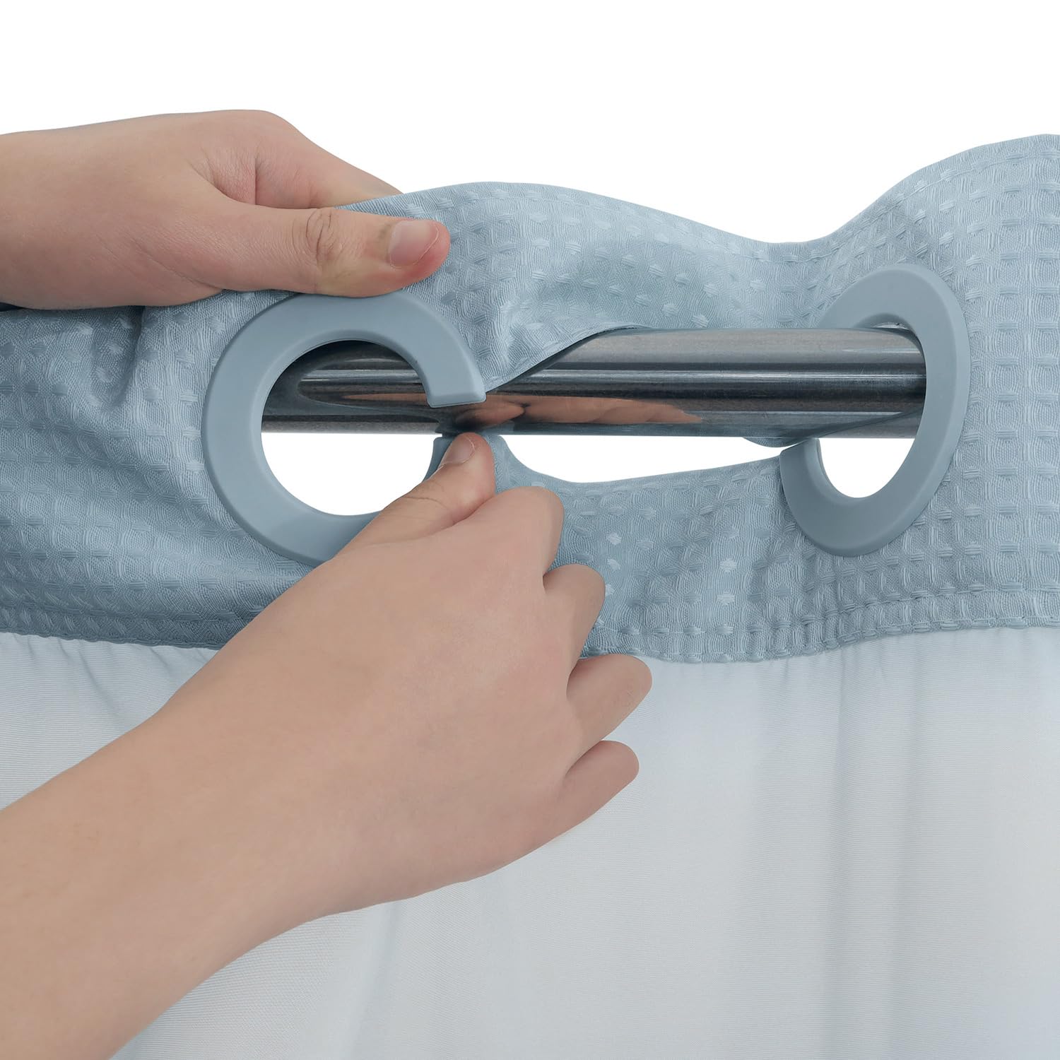 River Dream snap-in liner and curtain setup makes hanging quick and hassle-free.