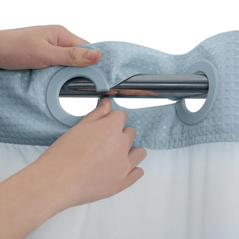 River Dream snap-in liner and curtain setup makes hanging quick and hassle-free.