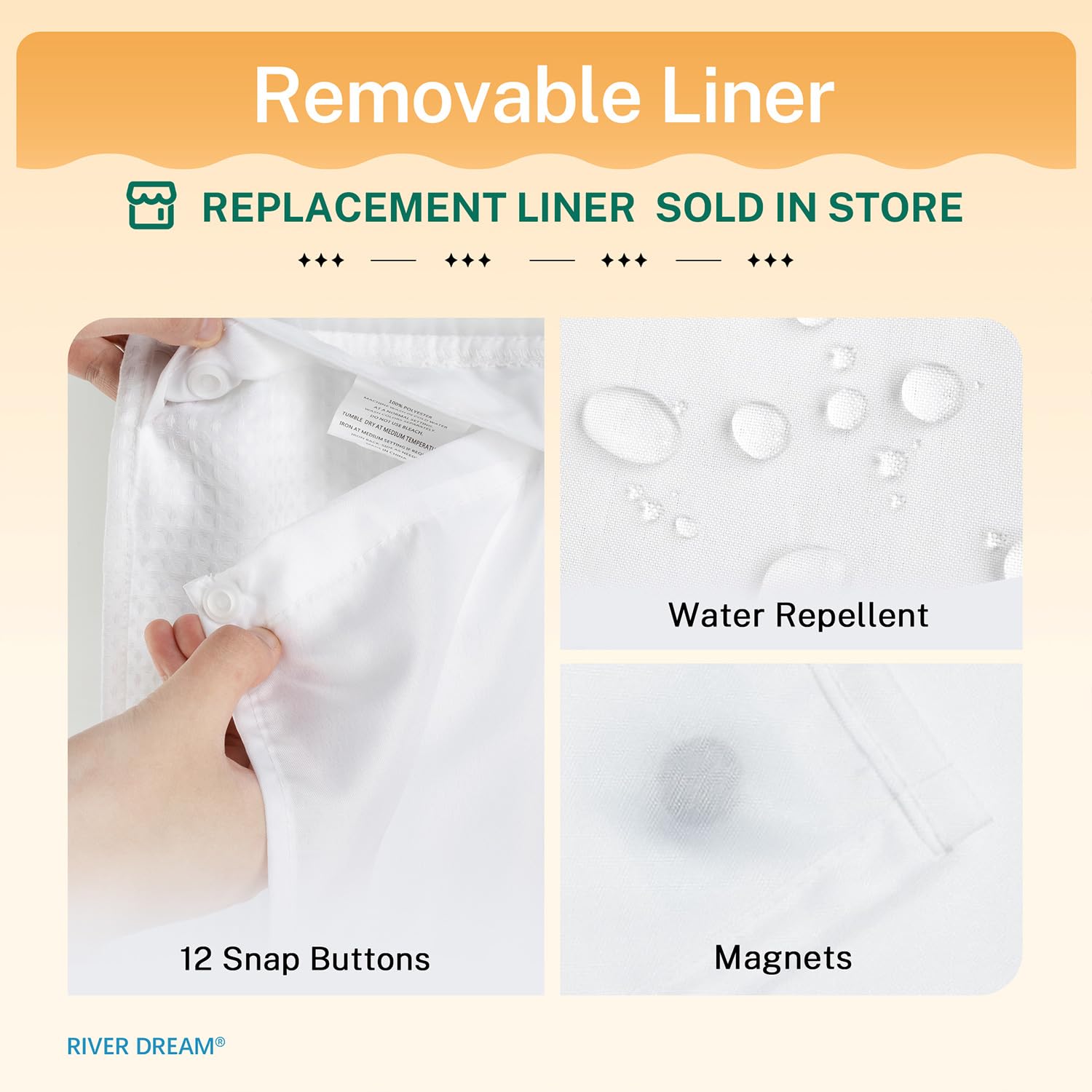 River Dream split rings allow easy, tool-free hanging of the curtain.