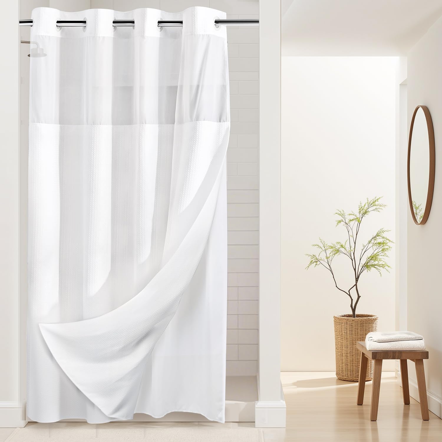 River Dream stall heavyweight shower curtain with dotted waffle texture for durable daily use.