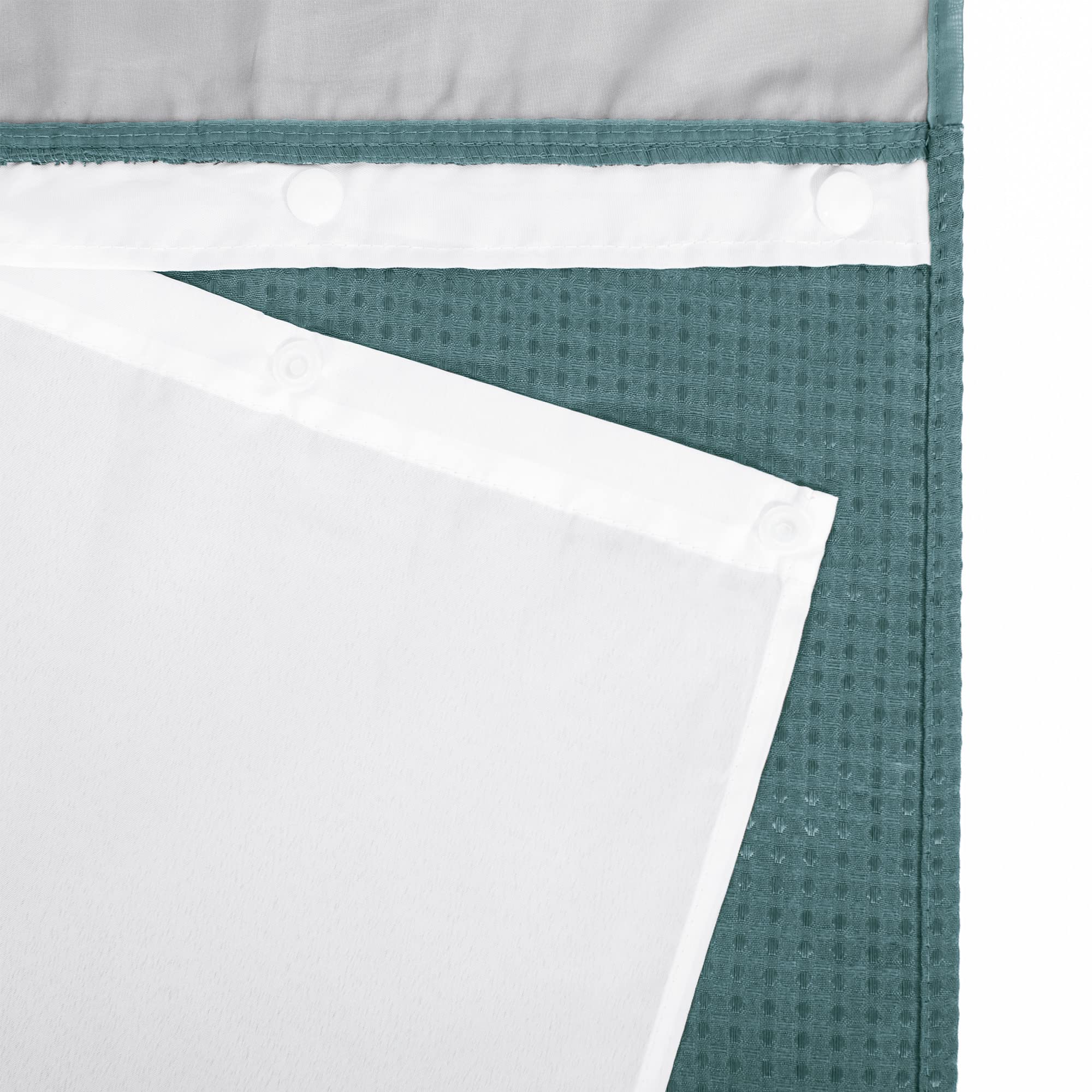 River Dream teal curtain with clear top window balances light and privacy.