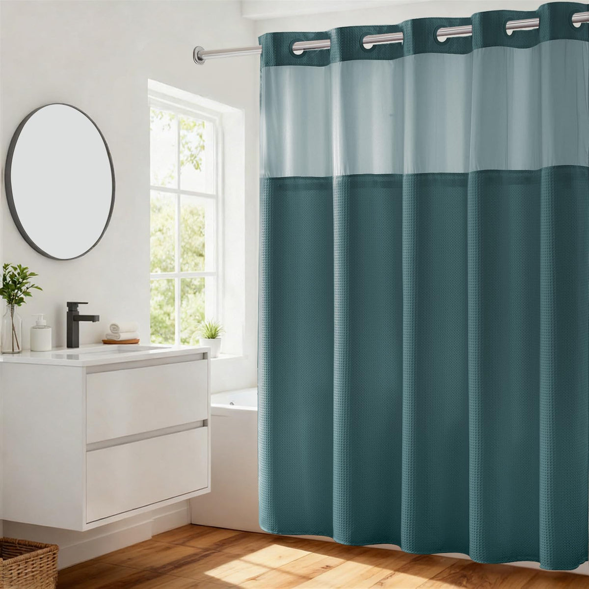 River Dream teal dotted waffle curtain adds spa-like texture to your bath.