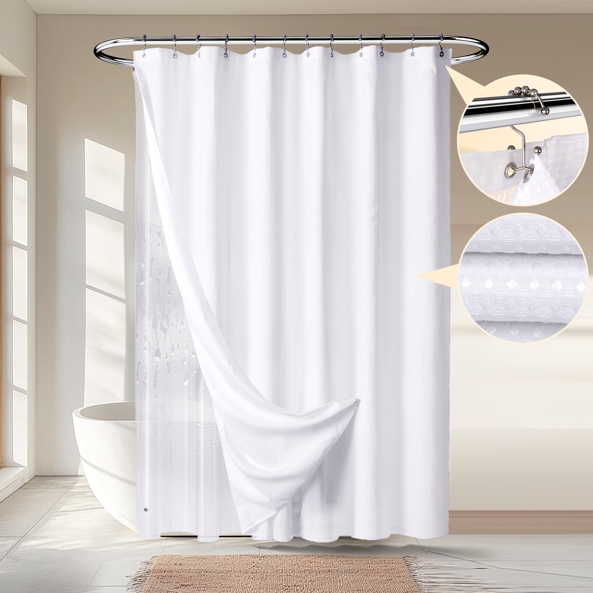 River Dream waffle 3-in-1 shower curtain set, water-repellent fabric for a stylish bath.