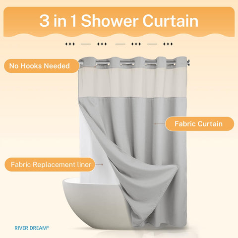 River Dream water-repellent treatment helps bead water on the curtain.