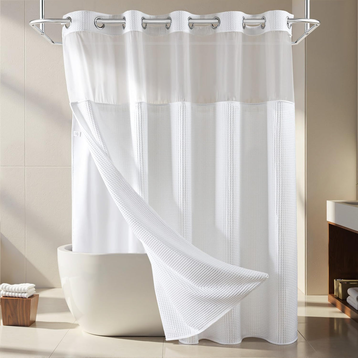 River Dream white fabric shower curtain with waffle weave for a fresh bathroom look.