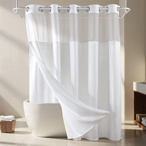 River Dream white fabric shower curtain with waffle weave for a fresh bathroom look.