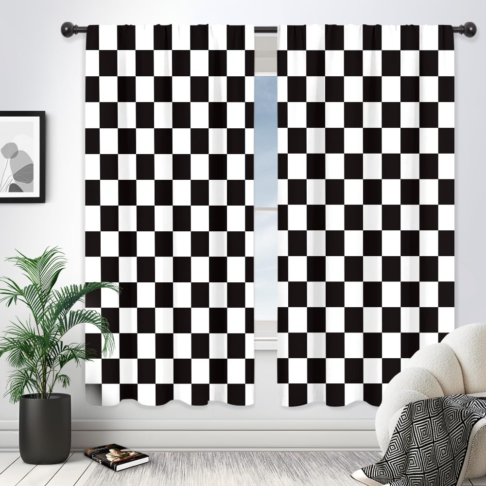 Riyidecor checkered curtains in black and white for teen rooms and privacy.