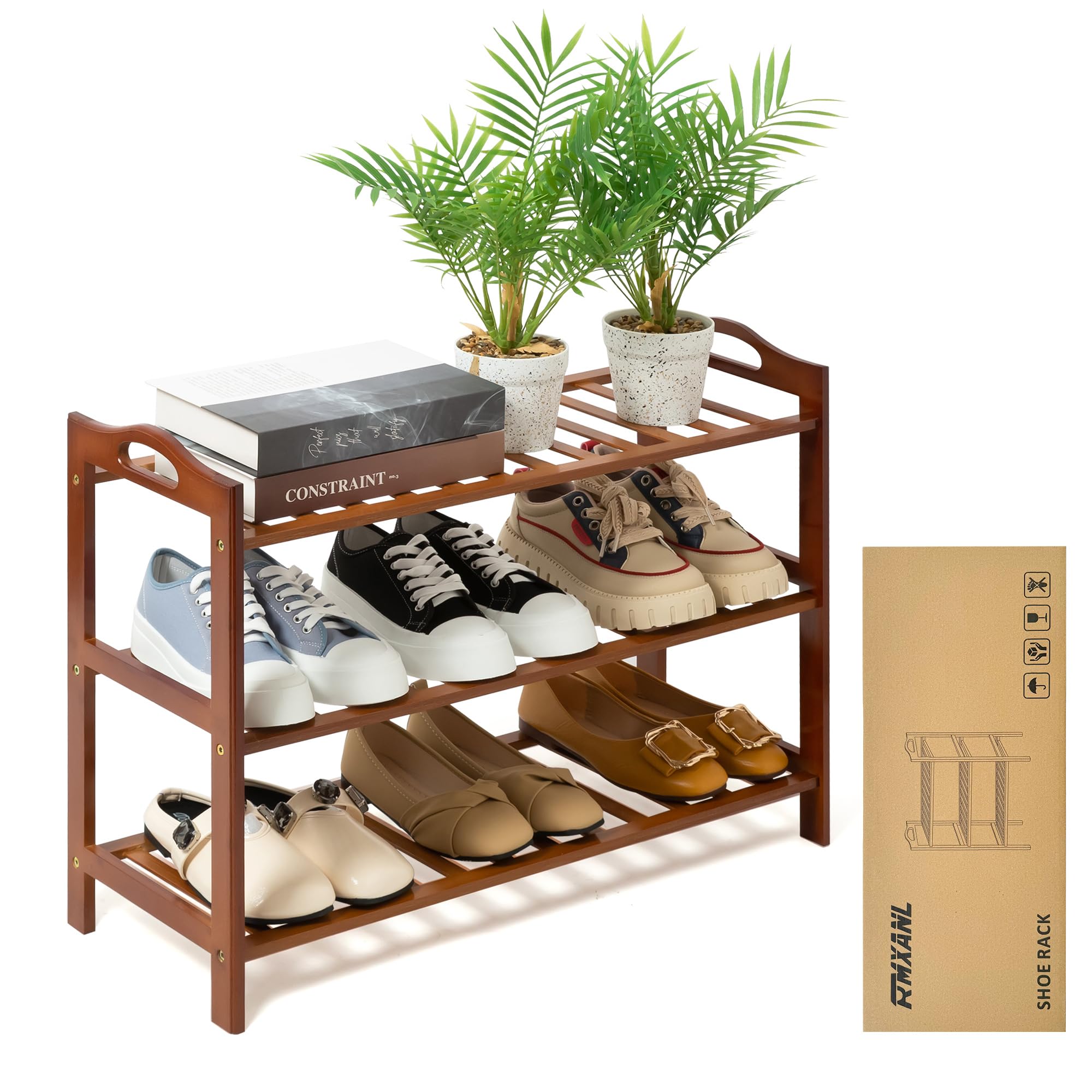 RMXANL 3-tier bamboo shoe rack assembled for organized entryway storage