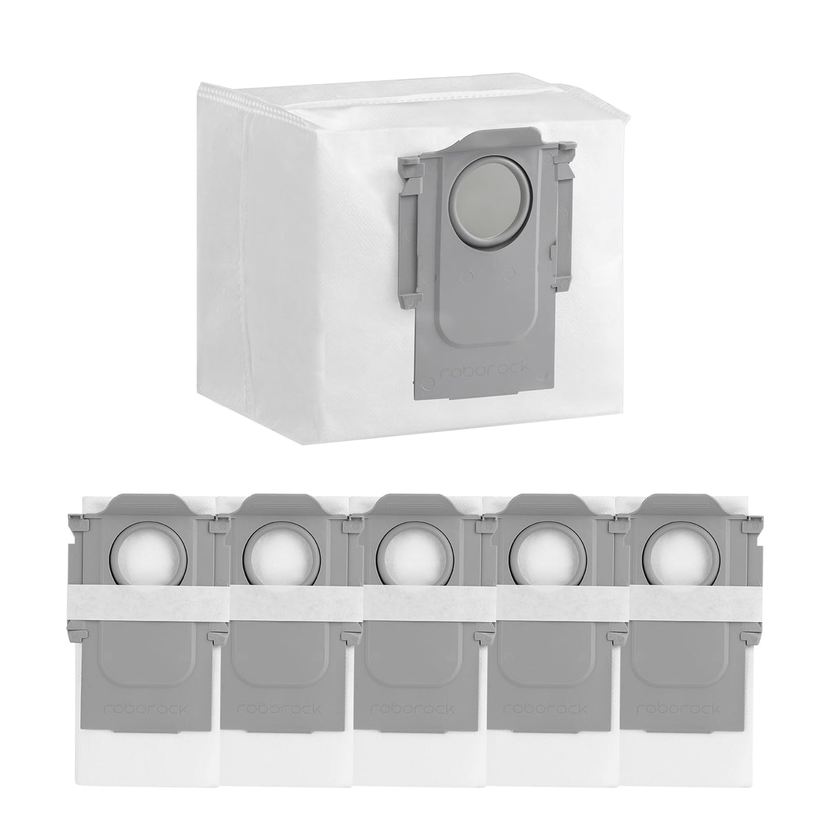 Roborock six-pack dust bags in packaging showing 2.5L capacity for longer use