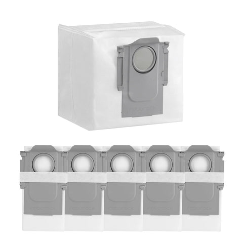 Roborock six-pack dust bags in packaging showing 2.5L capacity for longer use