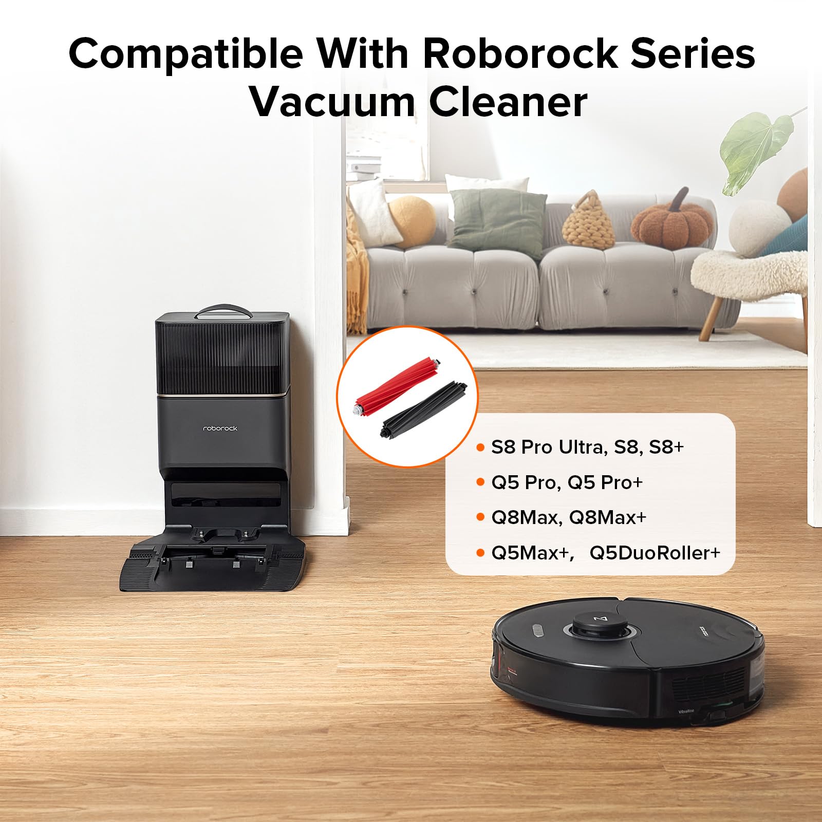 Roborock dual main brush for pet hair tangle reduction during daily cleaning.