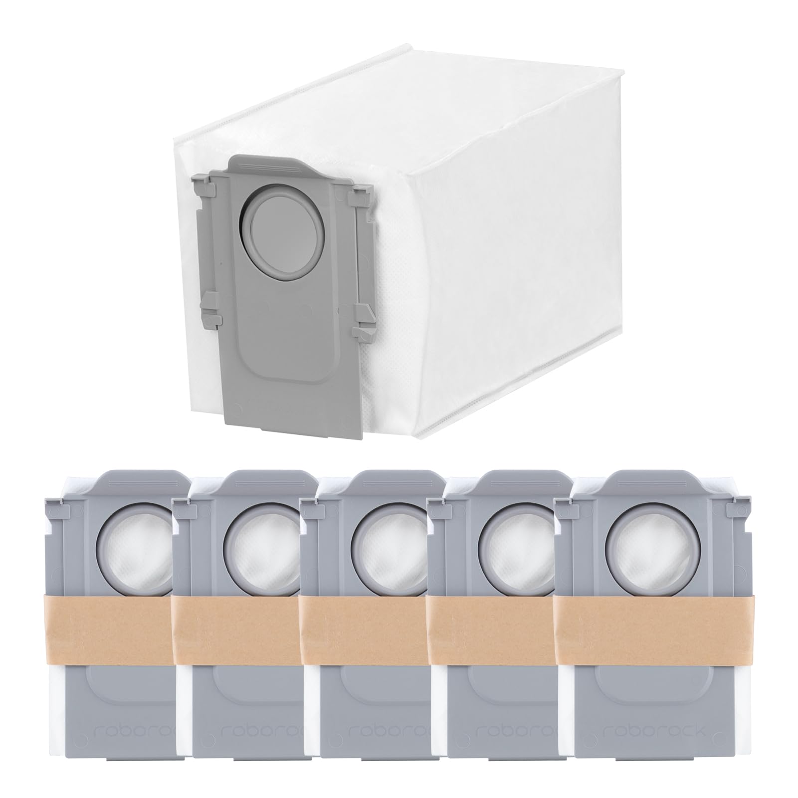 roborock six-pack dust bags in packaging showing full compatibility range