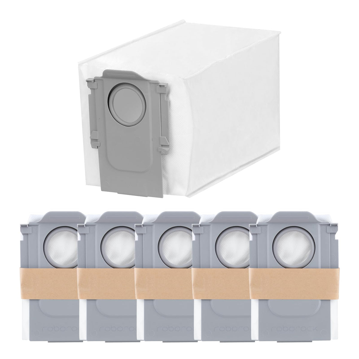 roborock six-pack dust bags in packaging showing full compatibility range