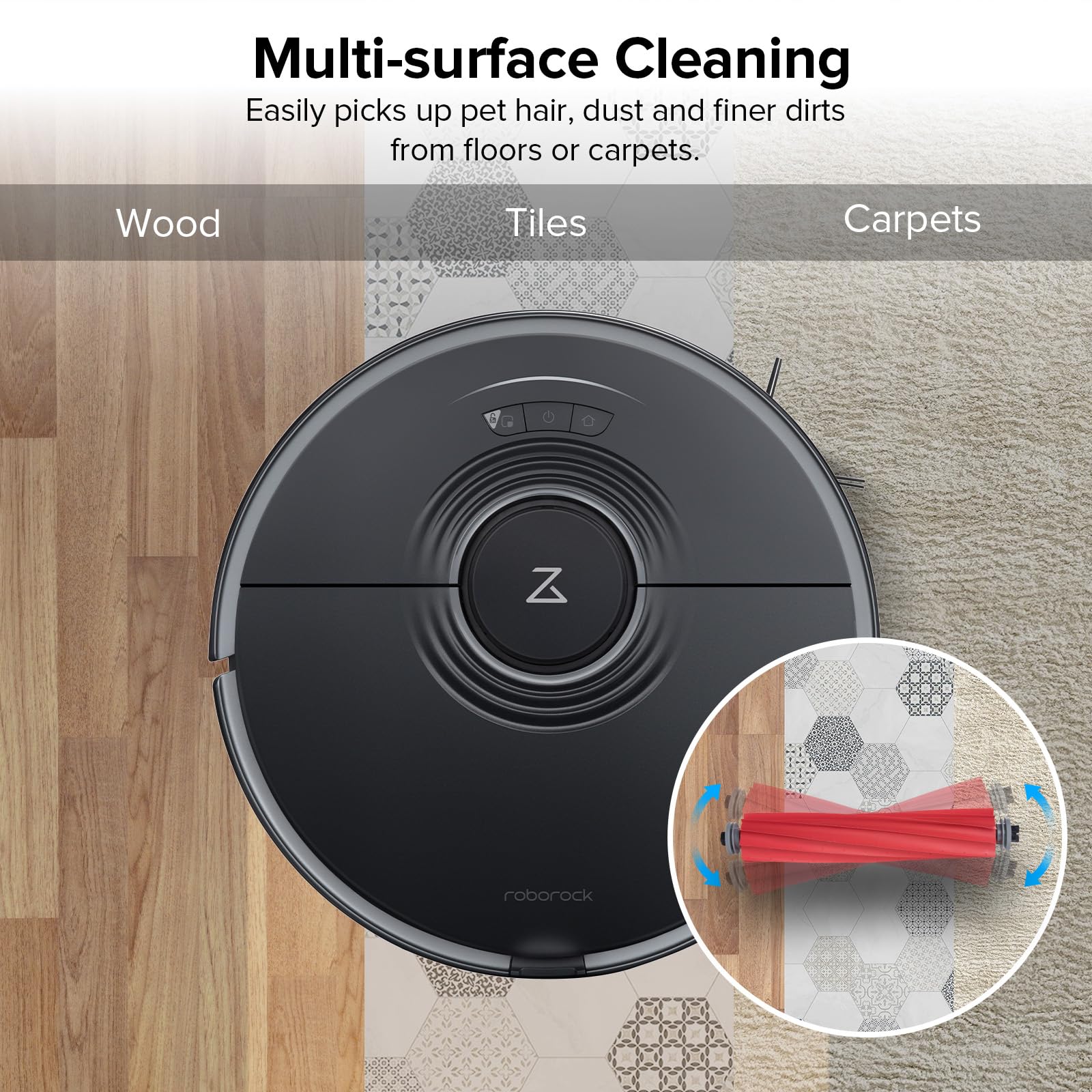 Roborock floating rubber brush improves floor contact and lift on carpets.
