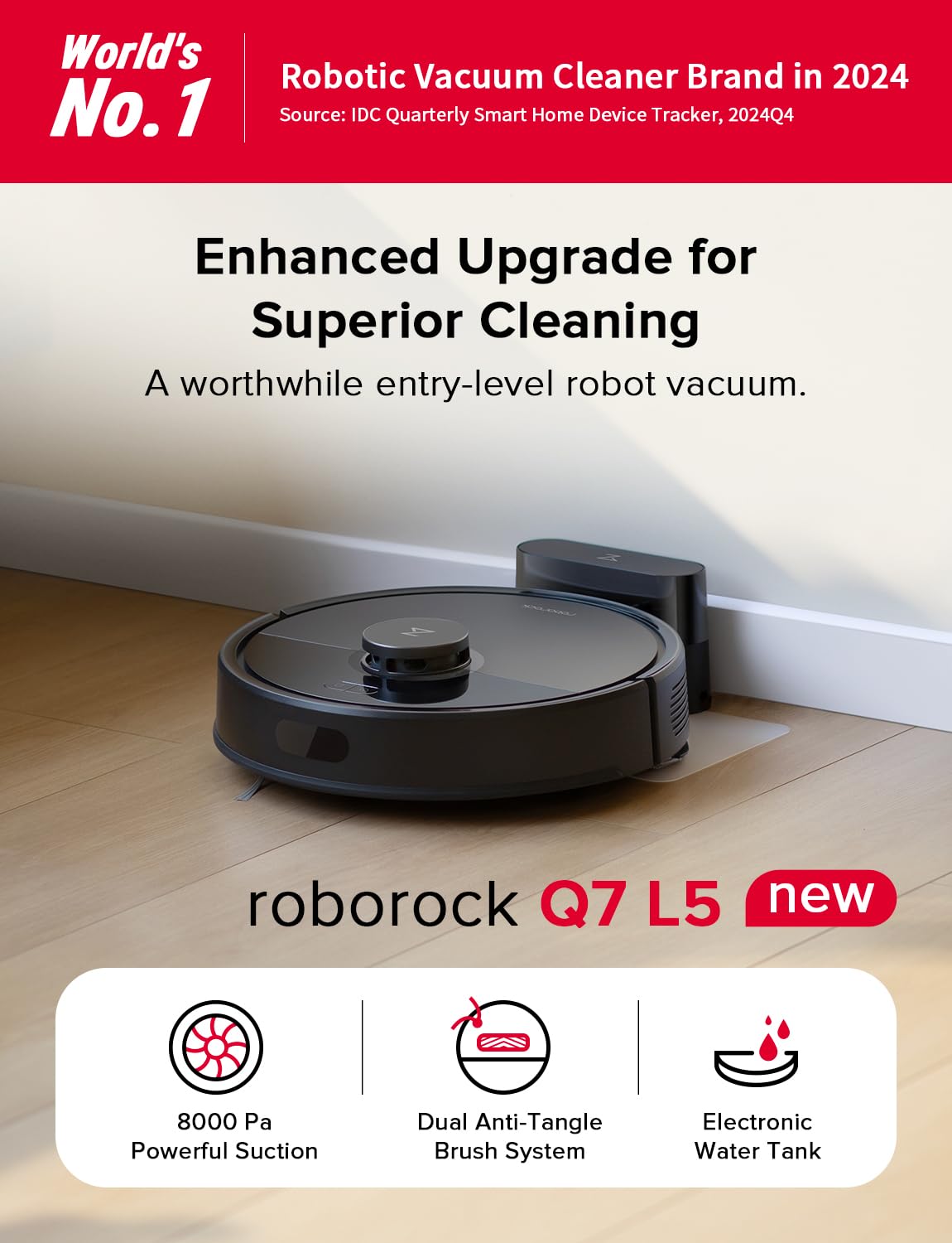 Roborock Q7 L5 dustbin and mop combo displaying integrated cleaning system.