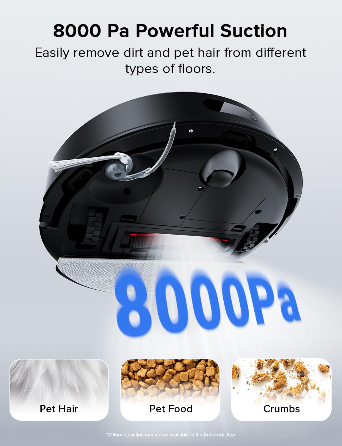Roborock Q7 L5 HyperForce suction highlights deep cleaning on carpets.