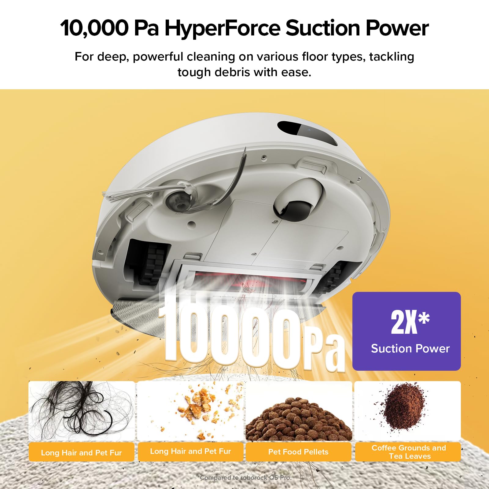 Roborock Q7 M5+ 10000Pa suction pulls pet hair from carpet and floors.