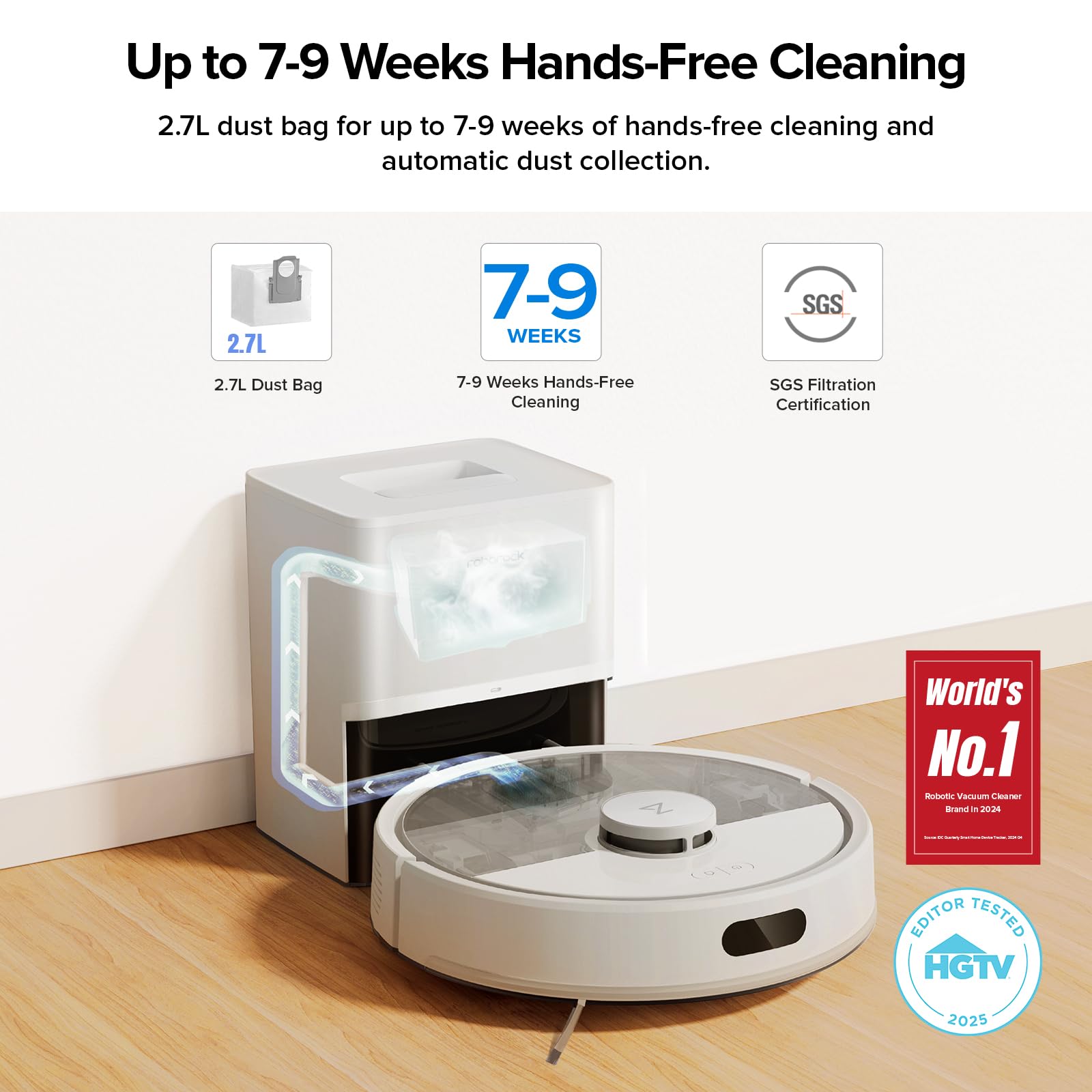 Roborock Q7 M5+ self-empty dock enabling long cleaning cycles with less maintenance.