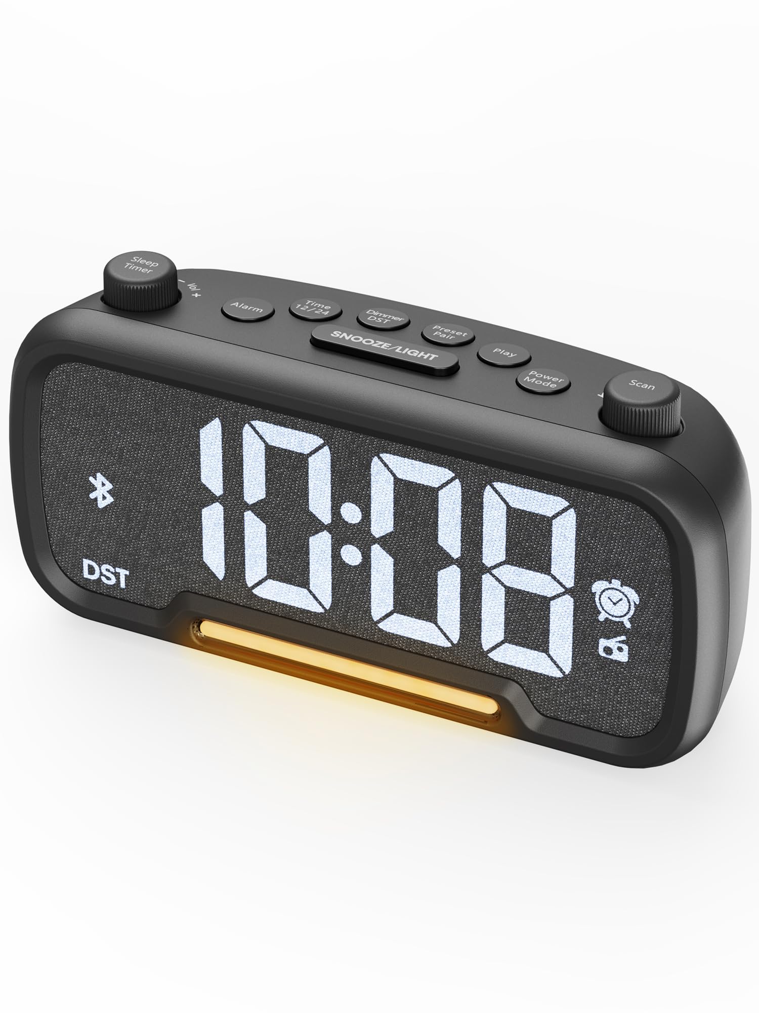 ROCAM alarm clock radio front view showing compact modern bedside design