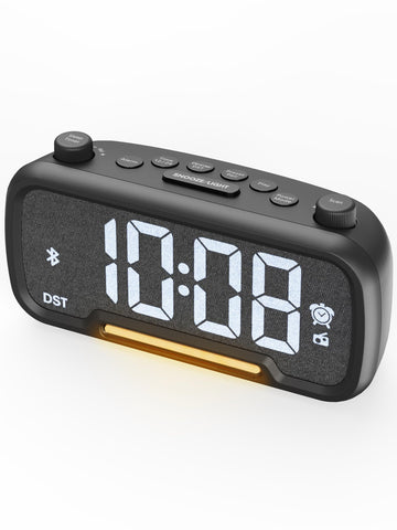 ROCAM alarm clock radio front view showing compact modern bedside design