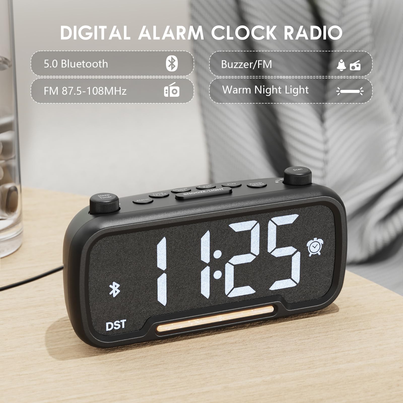 ROCAM alarm clock radio side controls featuring two rotary knobs for quick adjustments
