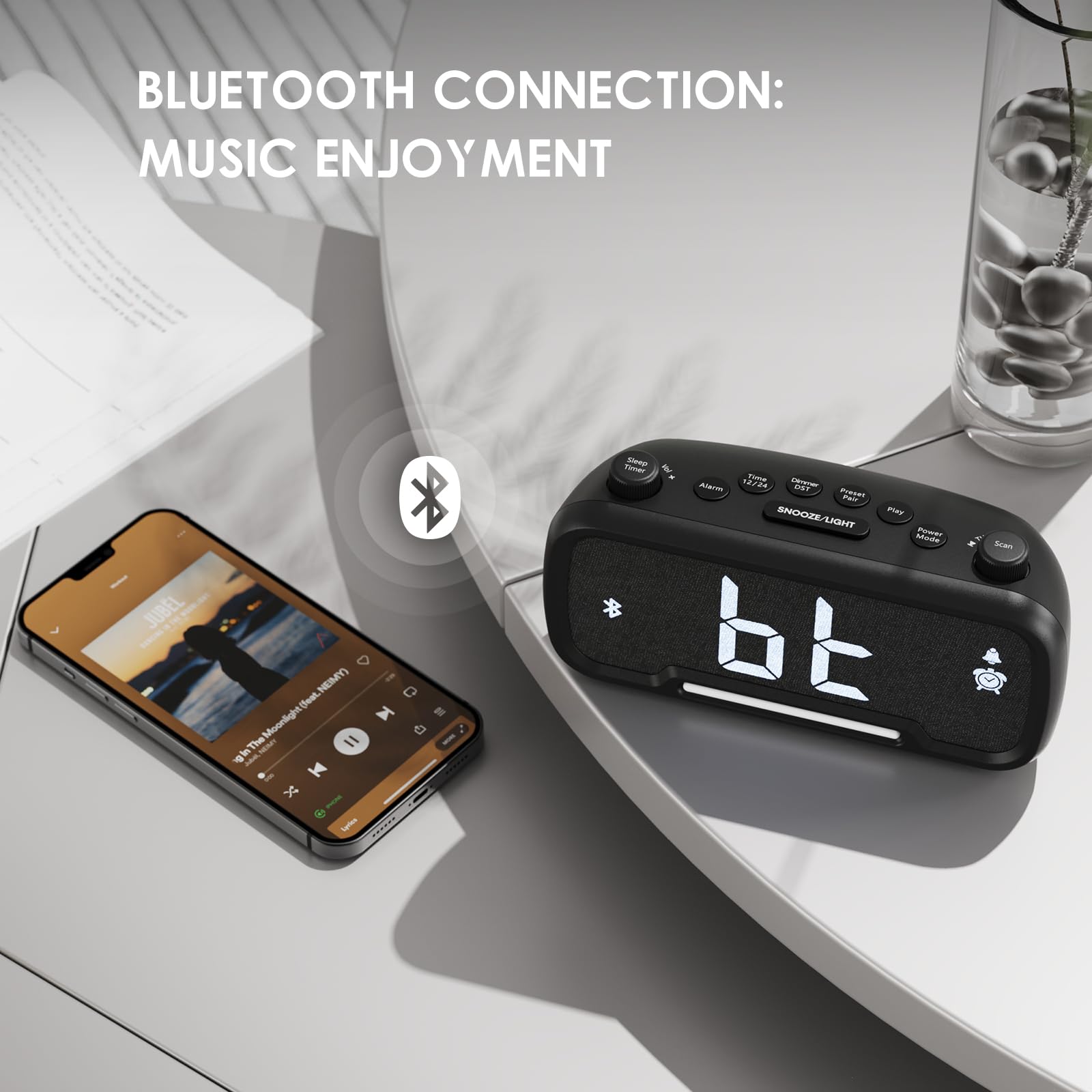 ROCAM alarm clock radio sleep timer enabling gradual bedtime listening