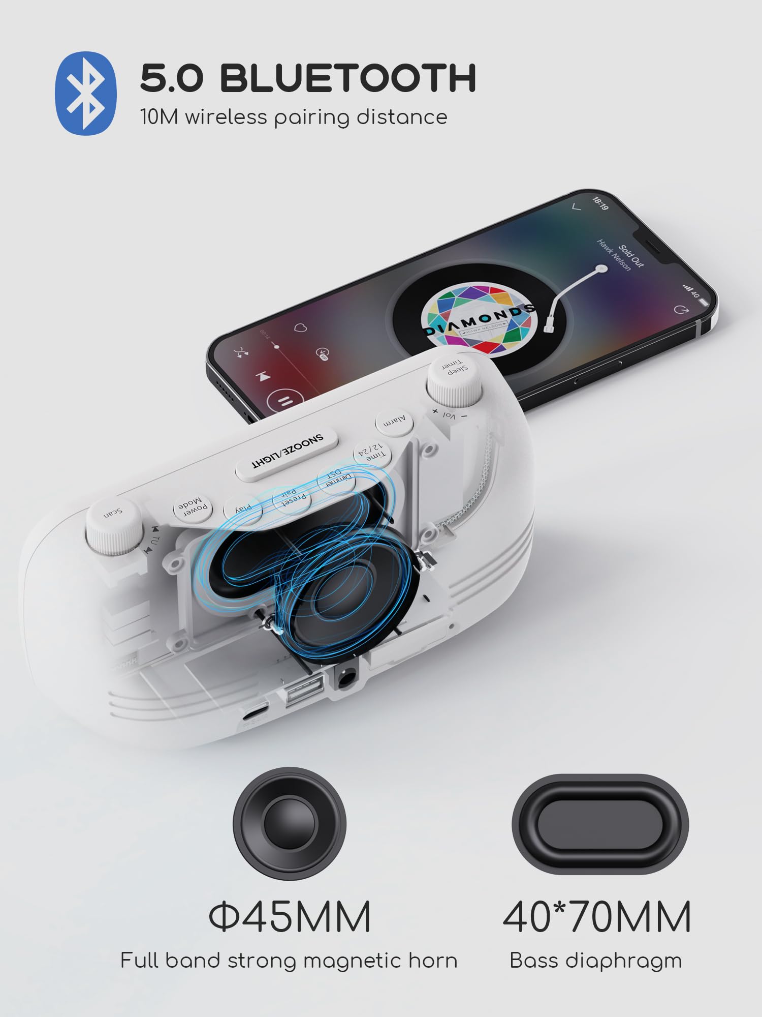 ROCAM Clock Radio Bluetooth pairing demonstrates stable wireless music from your phone.