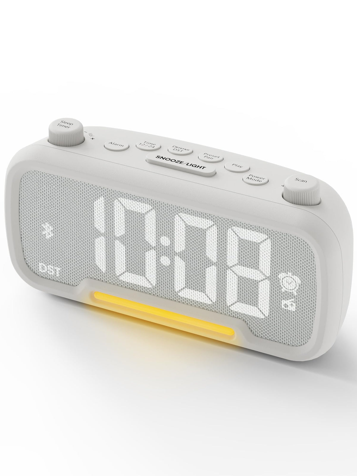 ROCAM Clock Radio front view with fabric-front design adds a modern bedside look.